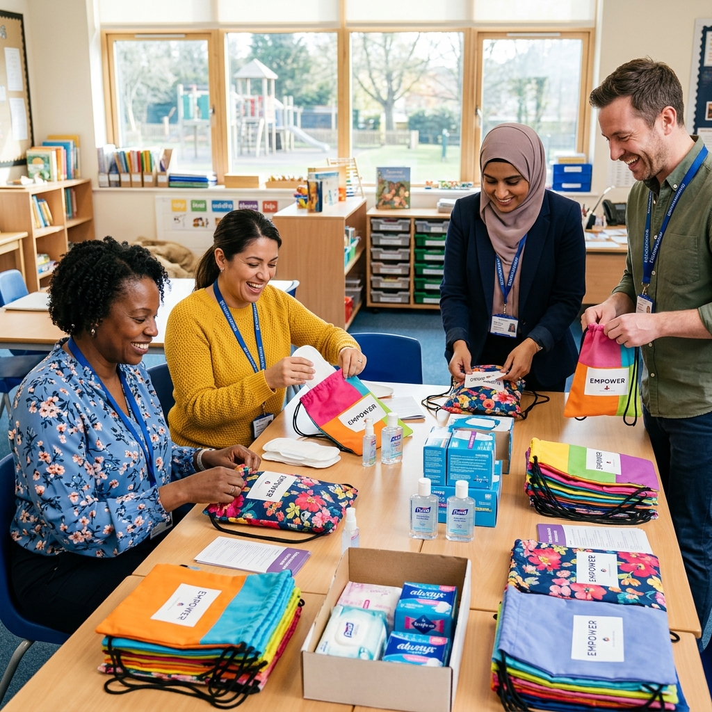 Volunteers in a bright school space assembling period kits with pads, soap, and canvas pouches.
