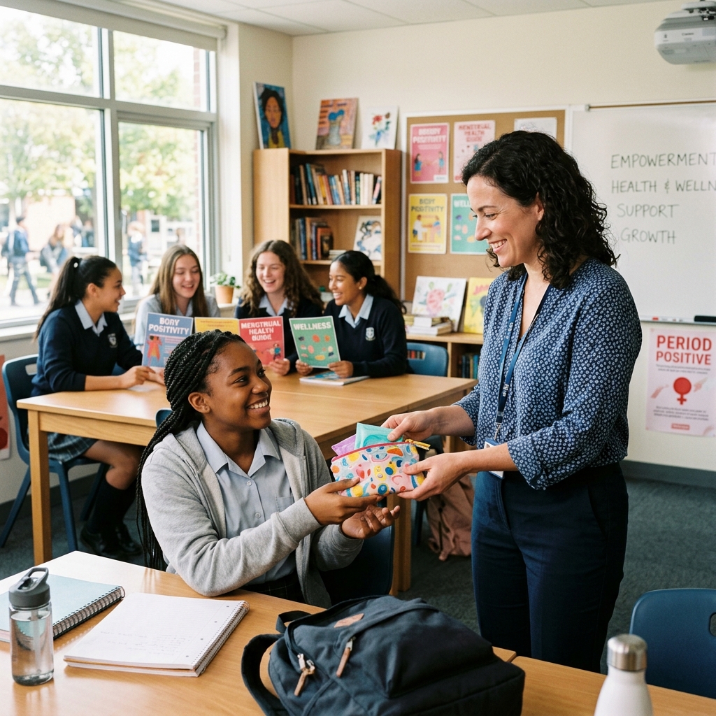 A supportive teacher showing a period kit pouch and checklist to engaged students in a bright school classroom.