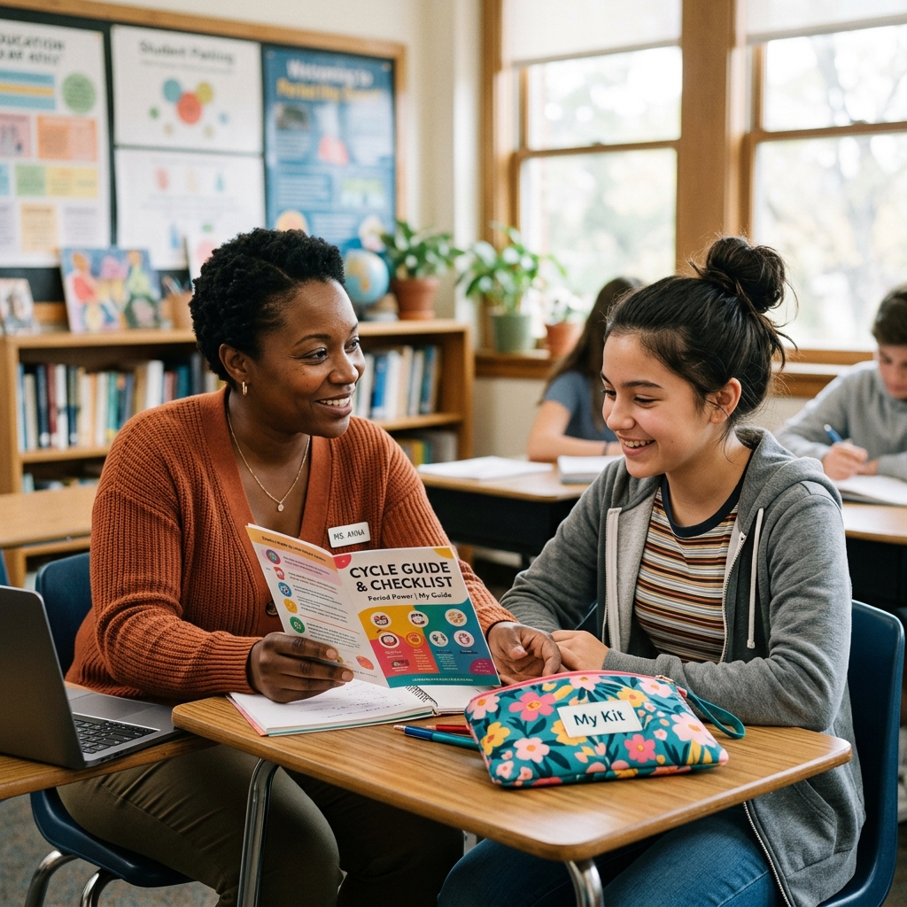 A female teacher showing a first-period checklist and cotton zipper pouch to a teenage student in a school library.
