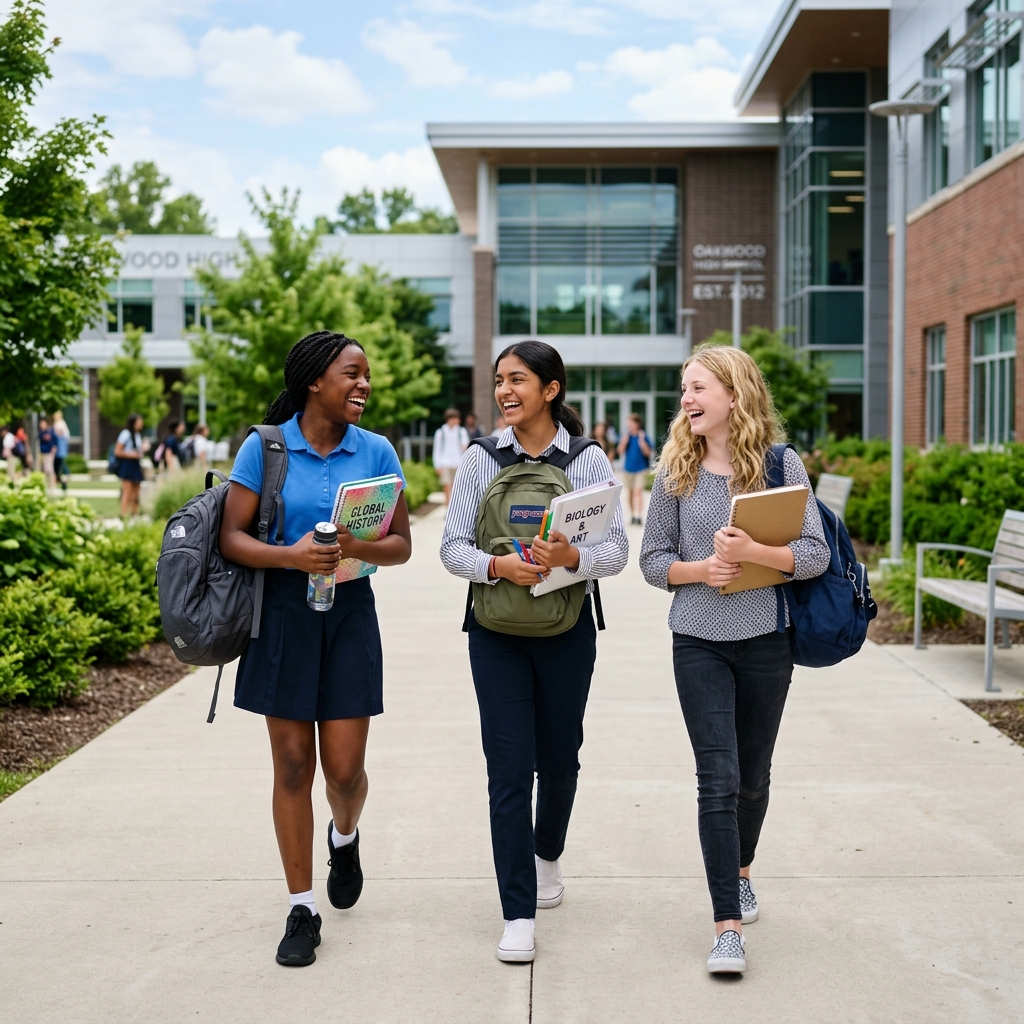 Confident, happy teenage schoolgirls walking together on their school campus, smiling and carrying books.