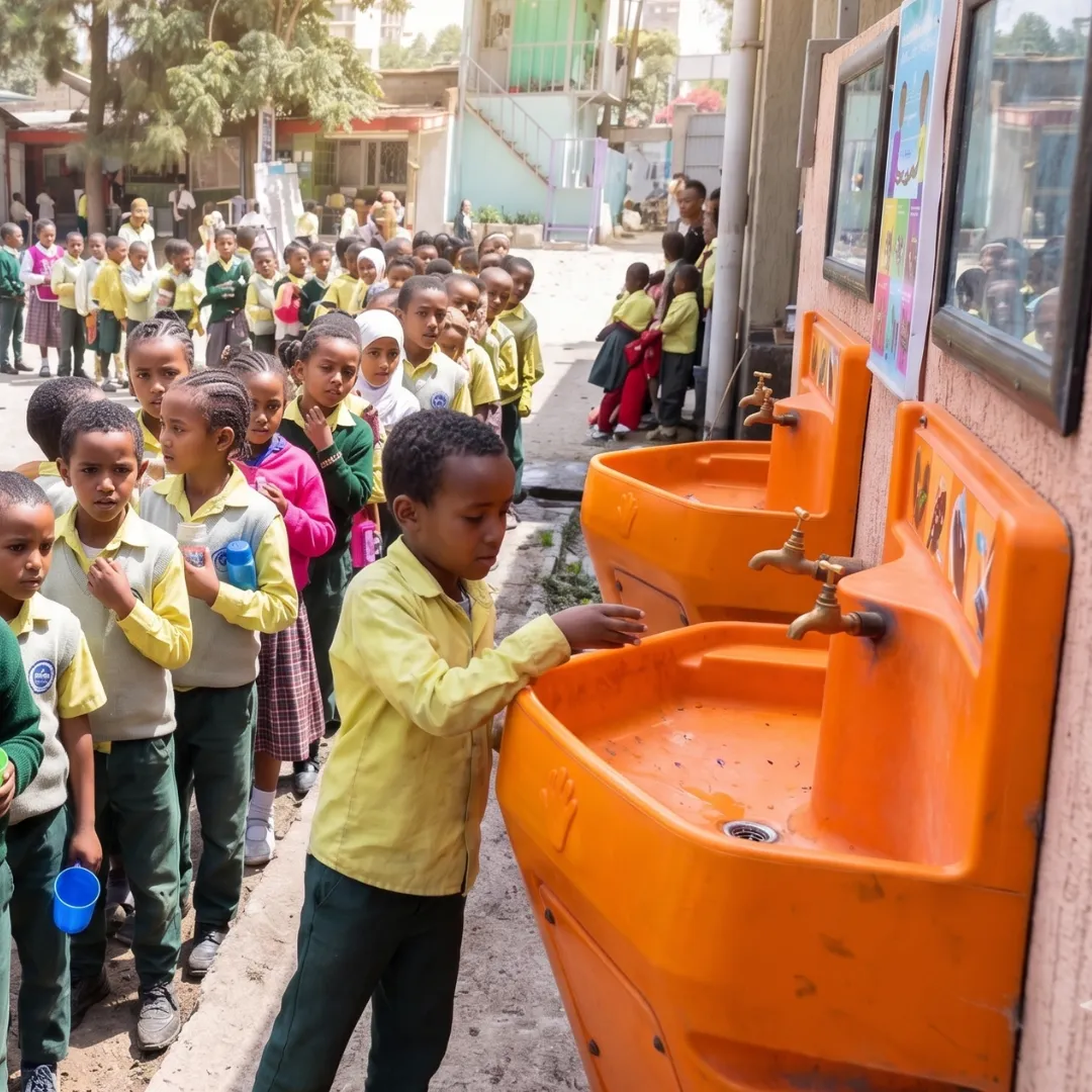 Students lining up at water taps in Ethiopia